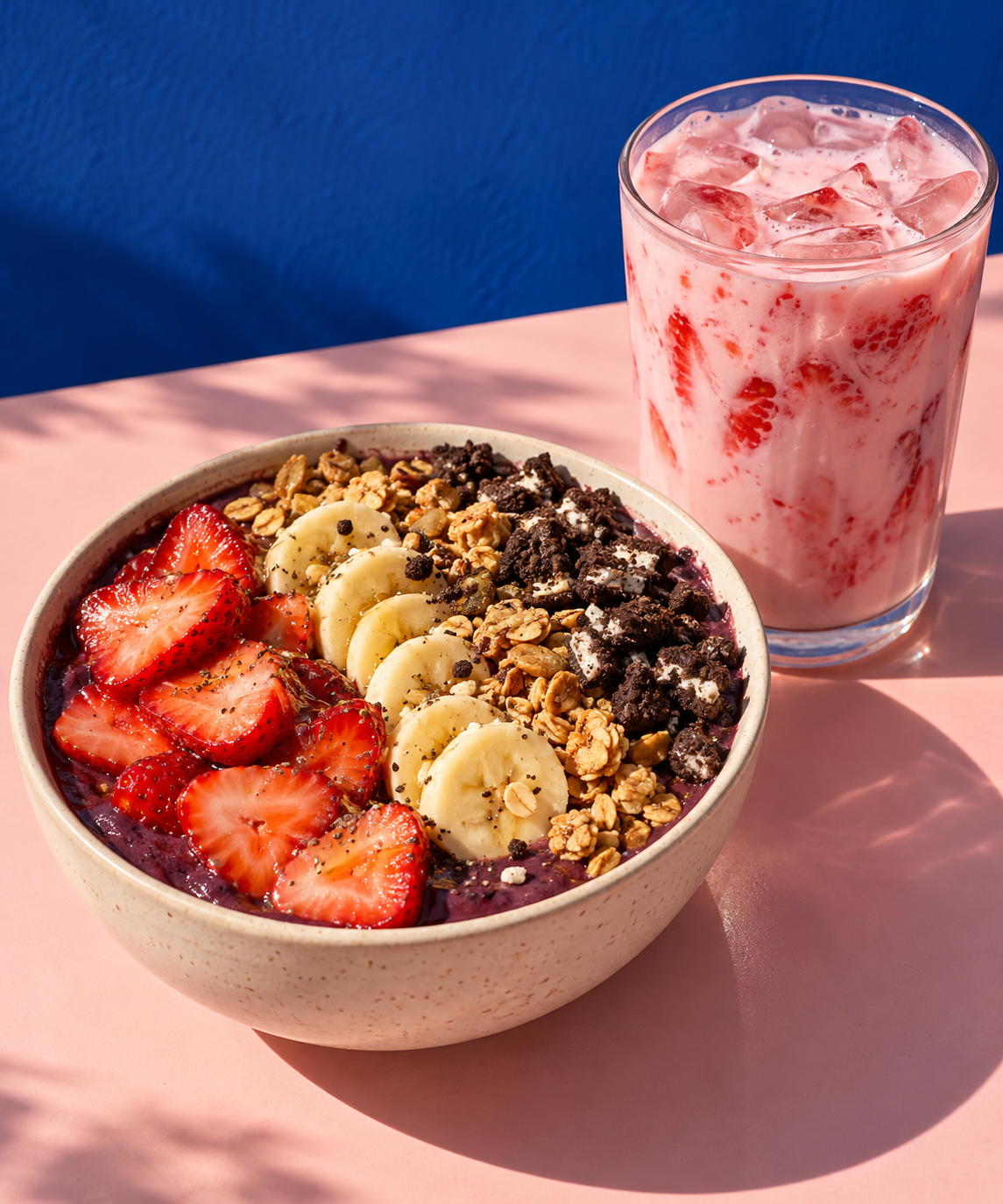 Açaí con frutas y pink latte, imagen ilustrativa