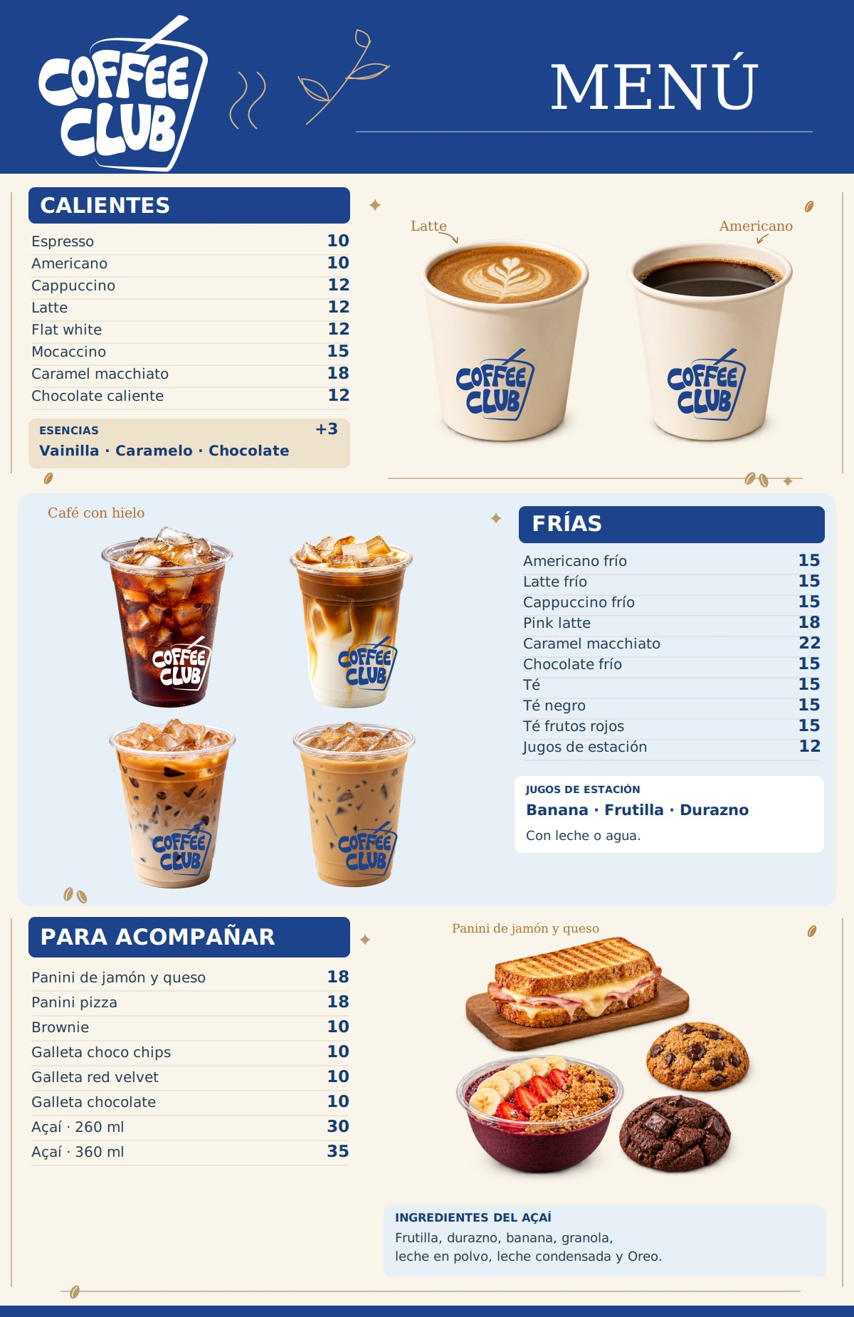 Carta original Coffee Club con bebidas calientes, frías y acompañamientos